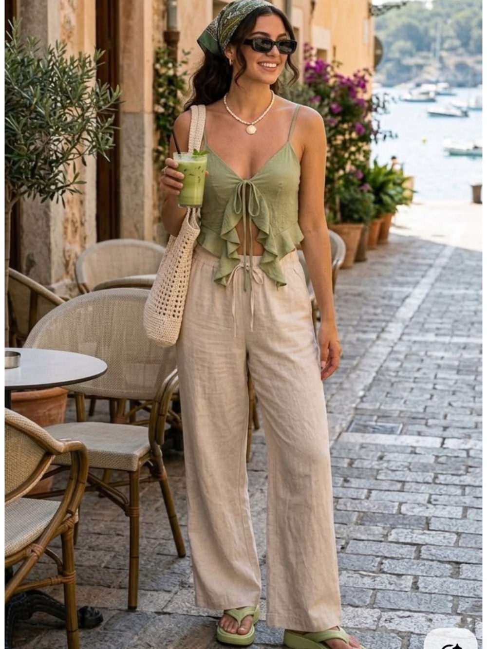 Beige Cream Cotton Drawstring Wide Leg Pants Casual Lounge